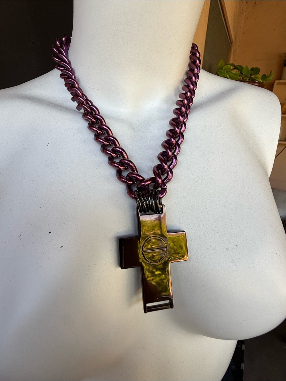 OOAK Upcycled Thick pink metal chain w/ Large Gunmetal Pink Cross